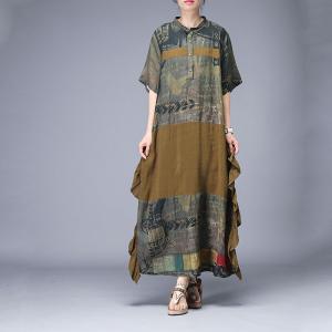 Original Design Flouncing Shirt Dress Silk Vintage Printed Dress