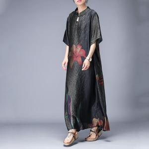 Mandarin Collar Flared Loose Qipao Silky Printed Chinese Cheongsam