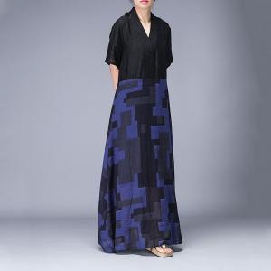 V-Neck Blue Geometric Pattern Maxi Dress Empire Waist Kimono Dress