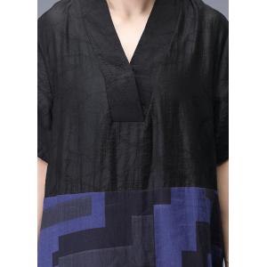 V-Neck Blue Geometric Pattern Maxi Dress Empire Waist Kimono Dress