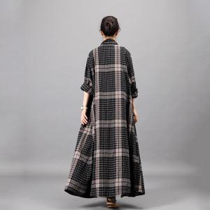 Black Small Checkered Shirt Dress Loose Linen Outerwear