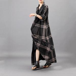 Black Small Checkered Shirt Dress Loose Linen Outerwear