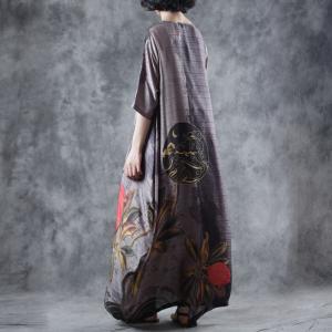 Vintage Flowers Printed Chinese Dress Loose  Black Tent Dress