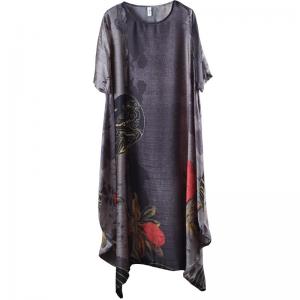 Vintage Flowers Printed Chinese Dress Loose  Black Tent Dress