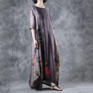 Vintage Flowers Printed Chinese Dress Loose  Black Tent Dress