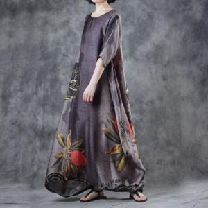 Vintage Flowers Printed Chinese Dress Loose  Black Tent Dress