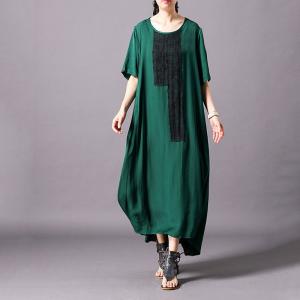 Black Patchwork Sashes Short Sleeve Dress Comfy Silk Casual Dress