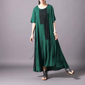 Black Patchwork Sashes Short Sleeve Dress Comfy Silk Casual Dress