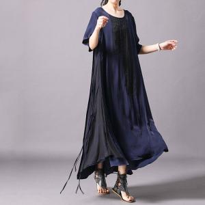 Black Patchwork Sashes Short Sleeve Dress Comfy Silk Casual Dress