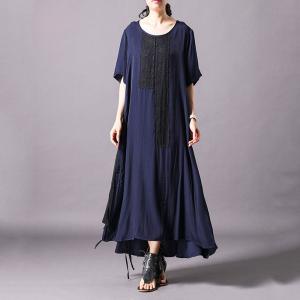 Black Patchwork Sashes Short Sleeve Dress Comfy Silk Casual Dress