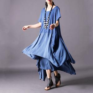 Solid Color Short Sleeve Summer Dress Loose Cascading Ruffle Dress