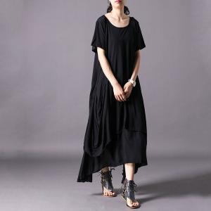 Solid Color Short Sleeve Summer Dress Loose Cascading Ruffle Dress