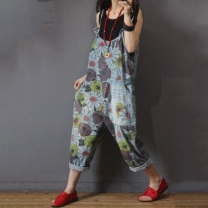 Casual Style Printed Cotton Overalls Loose Womans Slip Dungarees