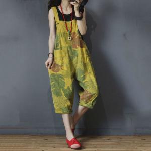 Banana Leaf Printed Summer Dungarees Cotton Korean Overalls for Woman