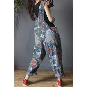 Bird and Flowers Gray Overalls Baggy Ripped Jumpsuits