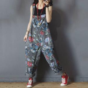 Bird and Flowers Gray Overalls Baggy Ripped Jumpsuits