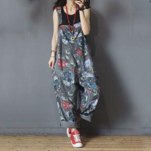 Bird and Flowers Gray Overalls Baggy Ripped Jumpsuits