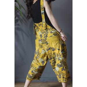 Vintage Leaf Printing Yellow Overalls Comfy Summer Dungarees