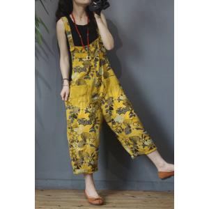 Vintage Leaf Printing Yellow Overalls Comfy Summer Dungarees