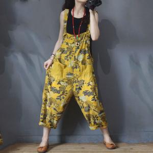 Vintage Leaf Printing Yellow Overalls Comfy Summer Dungarees