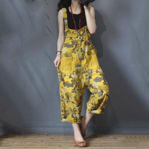 Vintage Leaf Printing Yellow Overalls Comfy Summer Dungarees