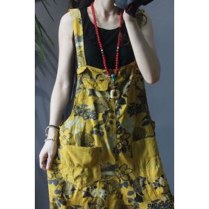 Vintage Leaf Printing Yellow Overalls Comfy Summer Dungarees