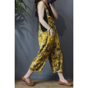 Vintage Leaf Printing Yellow Overalls Comfy Summer Dungarees