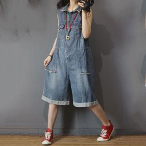 Sleeveless Denim Rompers Lapel Fringed Button-Down Rompers