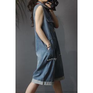 Sleeveless Denim Rompers Lapel Fringed Button-Down Rompers