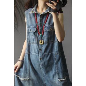 Sleeveless Denim Rompers Lapel Fringed Button-Down Rompers