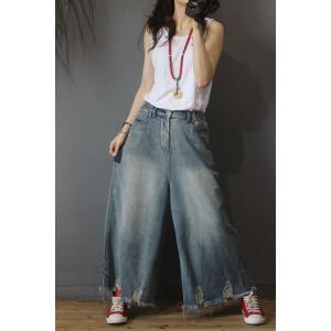 Street Style Blue Frayed Jeans Baggy Wide Leg Jeans for Woman