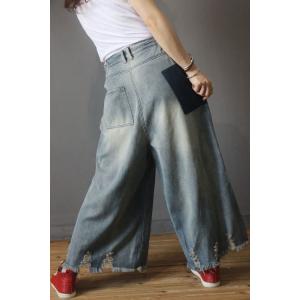 Street Style Blue Frayed Jeans Baggy Wide Leg Jeans for Woman