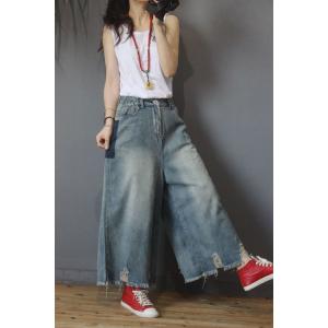 Street Style Blue Frayed Jeans Baggy Wide Leg Jeans for Woman