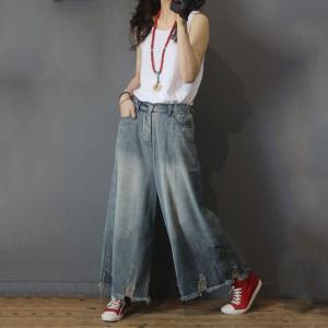 Street Style Blue Frayed Jeans Baggy Wide Leg Jeans for Woman