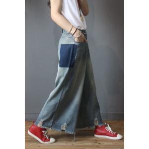 Street Style Blue Frayed Jeans Baggy Wide Leg Jeans for Woman