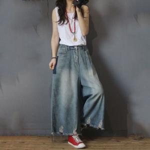 Street Style Blue Frayed Jeans Baggy Wide Leg Jeans for Woman