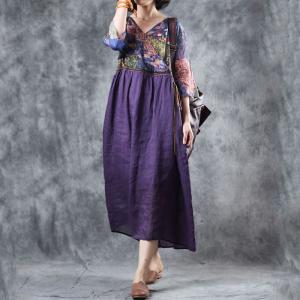 V-Neck Purple Empire Waist Dress Vintage Printed Loose Wrap Dress