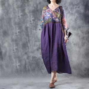 V-Neck Purple Empire Waist Dress Vintage Printed Loose Wrap Dress