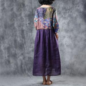 V-Neck Purple Empire Waist Dress Vintage Printed Loose Wrap Dress
