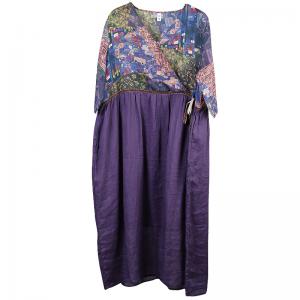 V-Neck Purple Empire Waist Dress Vintage Printed Loose Wrap Dress