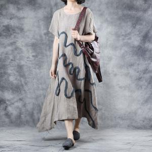 Summer Short Sleeve Linen Dress Wavy Patchwork Pleated Dress