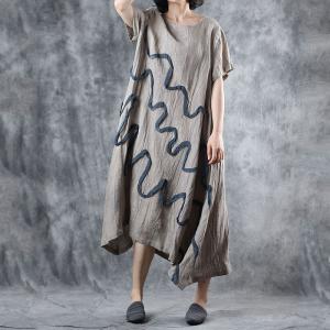 Summer Short Sleeve Linen Dress Wavy Patchwork Pleated Dress