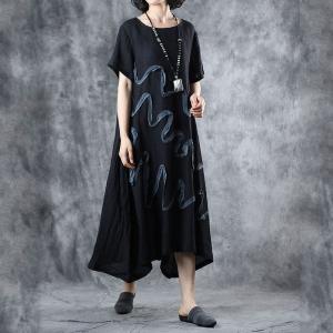 Comfortable Wavy Black Dress Linen Loose Asymmetrical Frock