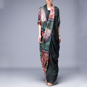 Beautiful Vintage Printed Folk Dress Maxi Designer Dress with Back Slits Details