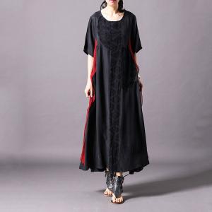 Black Applique Crew Neck Dress Summer Asymmetrical Breathable Silky Dress