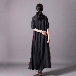 Black Applique Crew Neck Dress Summer Asymmetrical Breathable Silky Dress