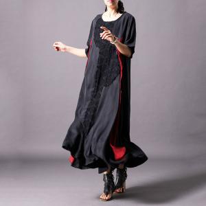 Black Applique Crew Neck Dress Summer Asymmetrical Breathable Silky Dress