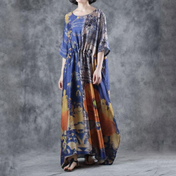 Vintage Printed Blue Maxi Dress Silk Vacation Kimono Dress