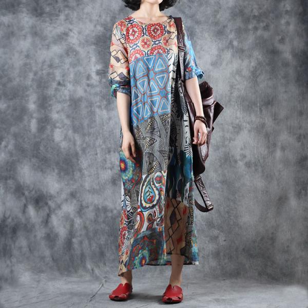 Ethnic Printed Loose Paisley Dress A-Line Summer Dress with Belt