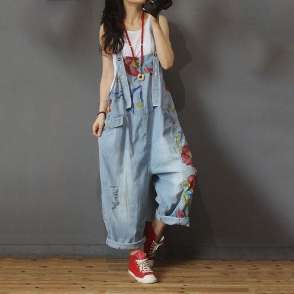 Flowers Printed Baggy One Piece Jeans Loose Ripped Overalls